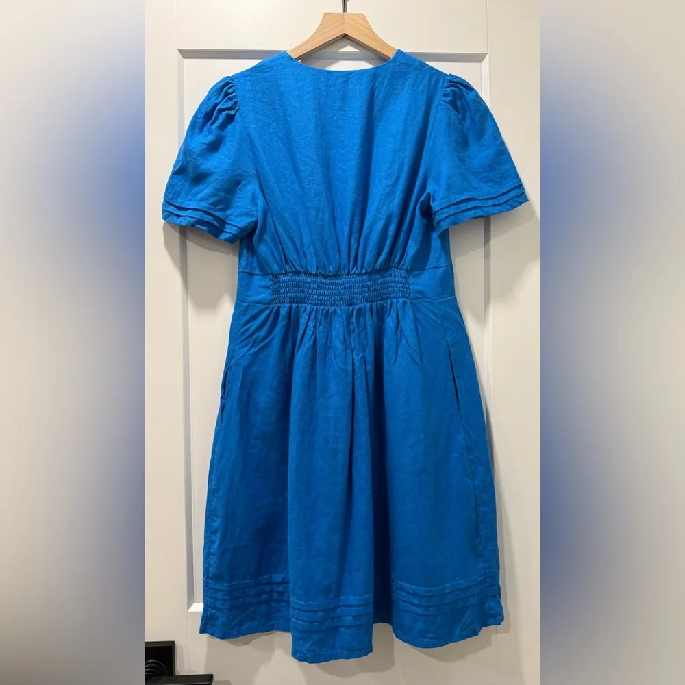 Boden 100% Linen Blue V-Neck Puff Sleeve Dress US 8R - Picture 3 of 11